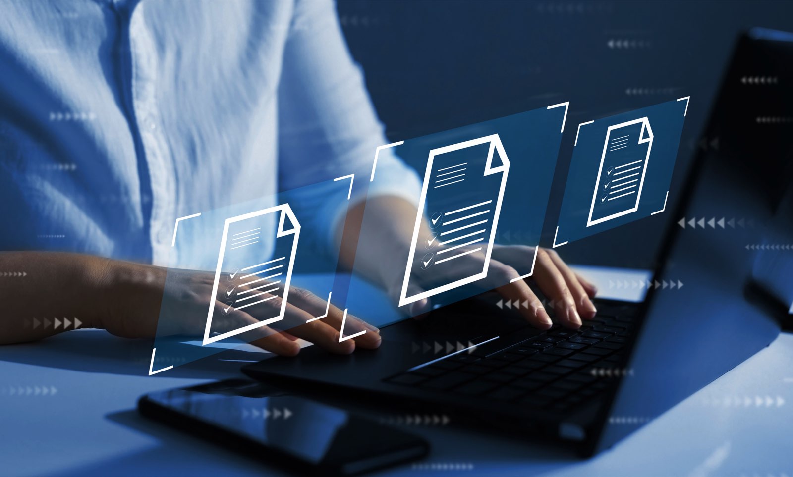Businessman working on laptop with virtual screen. Process automation to efficiently manage files.Online documentation database and document management system concept.