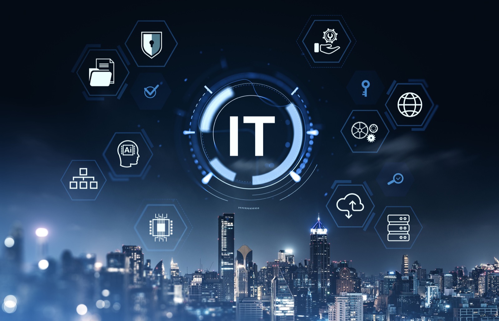 IT technology network icons over cityscape at night with digital interface concept.